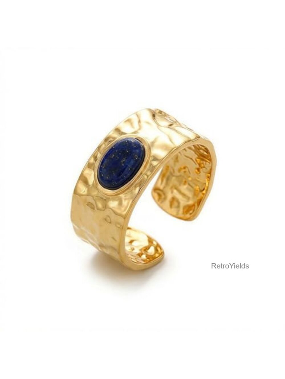 Genuine Lapis Lazuli Adjustable Stainless Steel Ring Chunky Statement Jewelry